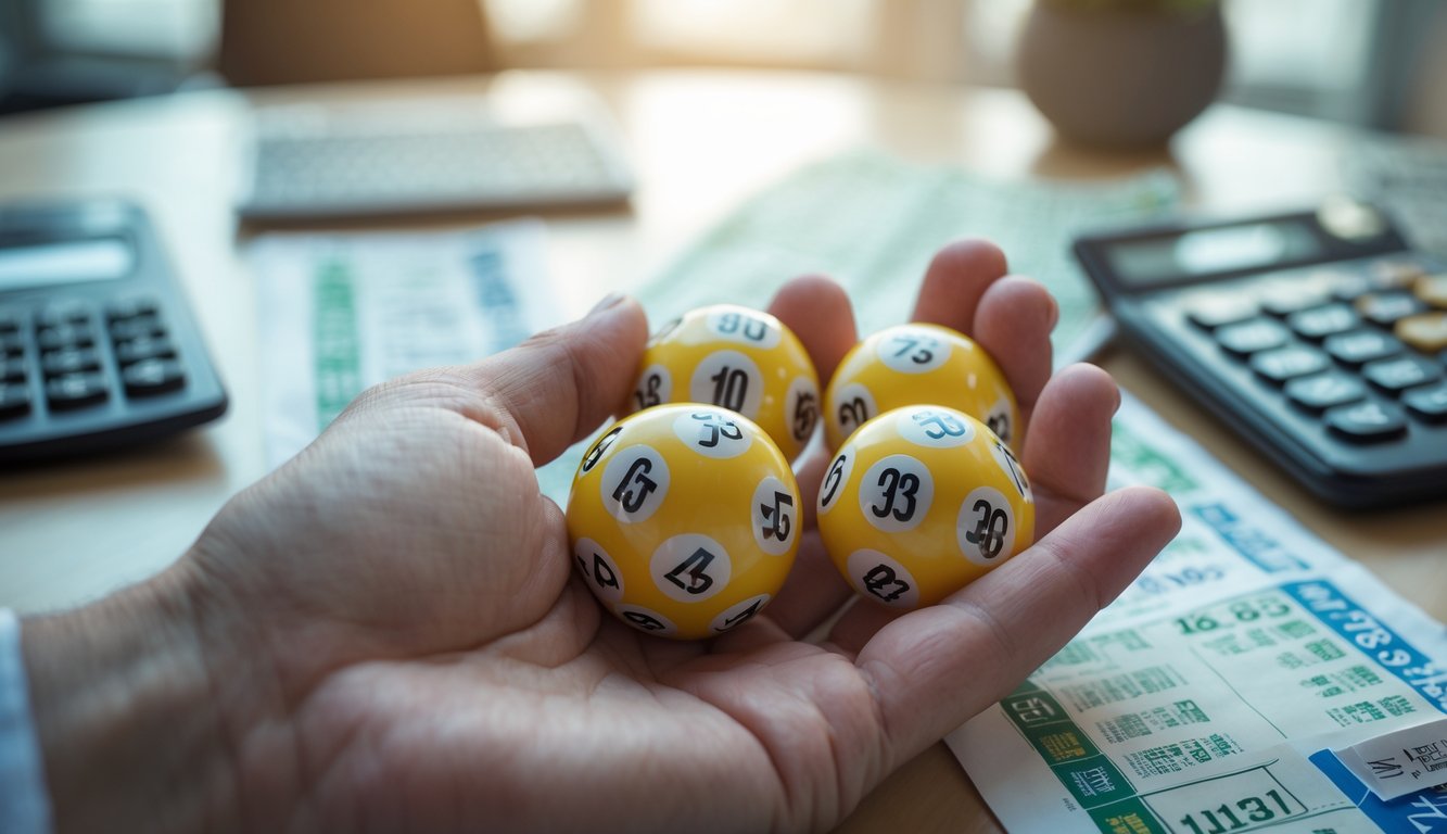 Tangan memegang bola lotere dengan angka, di atas meja dengan tiket lotere, kalkulator, dan buku catatan.
