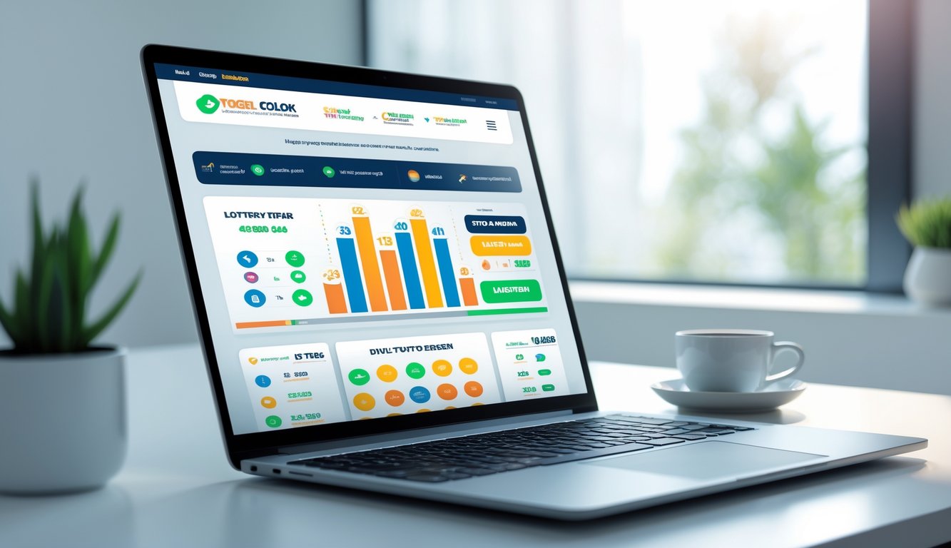 Sebuah laptop di atas meja dengan layar menampilkan antarmuka permainan togel, dikelilingi oleh tanaman kecil dan cangkir kopi di ruangan terang.