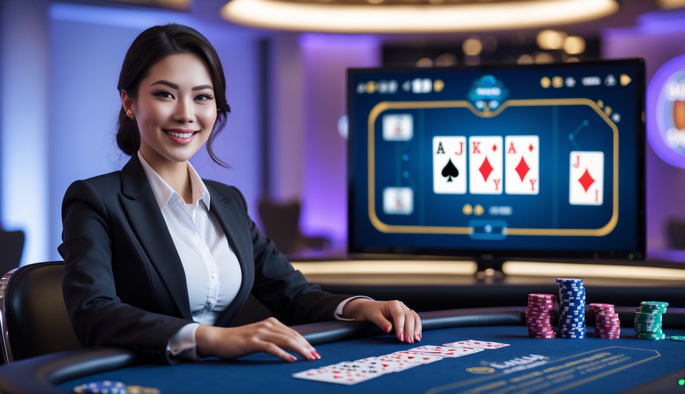 Seorang dealer wanita profesional duduk di meja permainan Judi Ceme online dengan kartu dan chip di depan, di studio kasino yang terang dan modern.