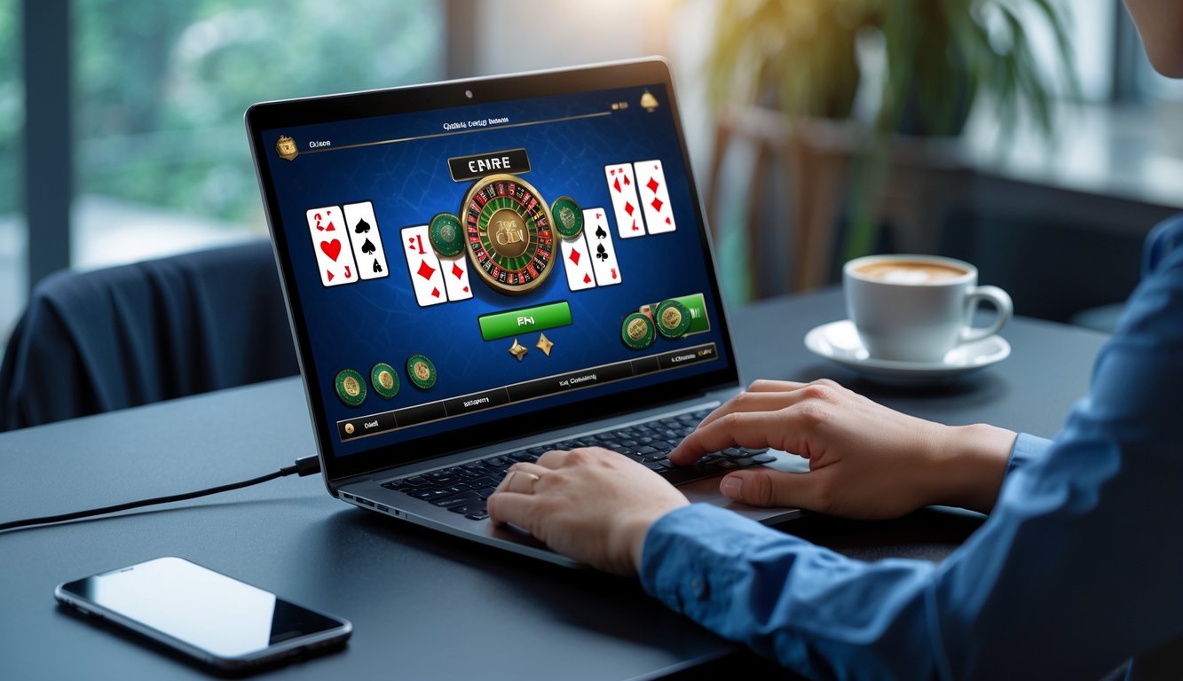 Seorang pria sedang bermain permainan kartu Ceme secara online di laptop di meja kerja yang rapi.