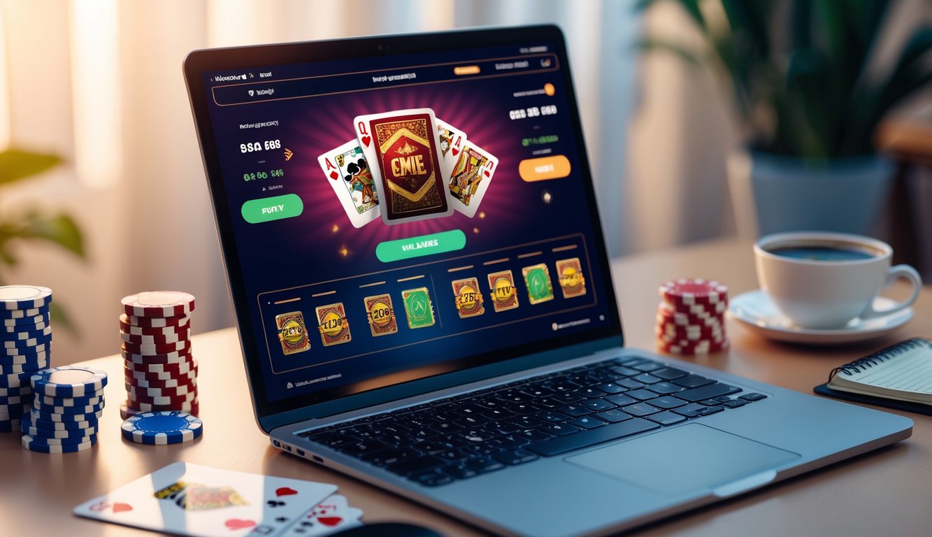 Seseorang menggunakan laptop di meja dengan kartu dan chip poker, menunjukkan aktivitas taruhan online Ceme.