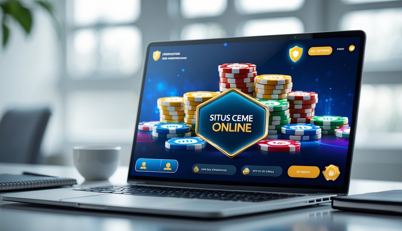 Seorang pengguna sedang bermain permainan kartu online di depan laptop dengan suasana yang aman dan nyaman.