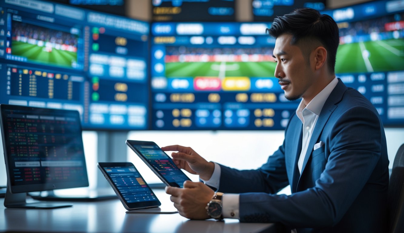 Seorang pria sedang melihat data taruhan sepak bola di tablet di sebuah ruang taruhan modern dengan layar menampilkan pertandingan sepak bola.