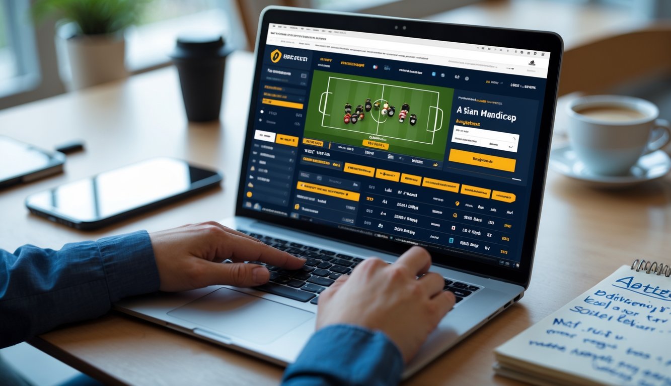 Seseorang menggunakan laptop di meja kerja dengan tampilan situs taruhan olahraga online yang menampilkan opsi Handicap Asia.