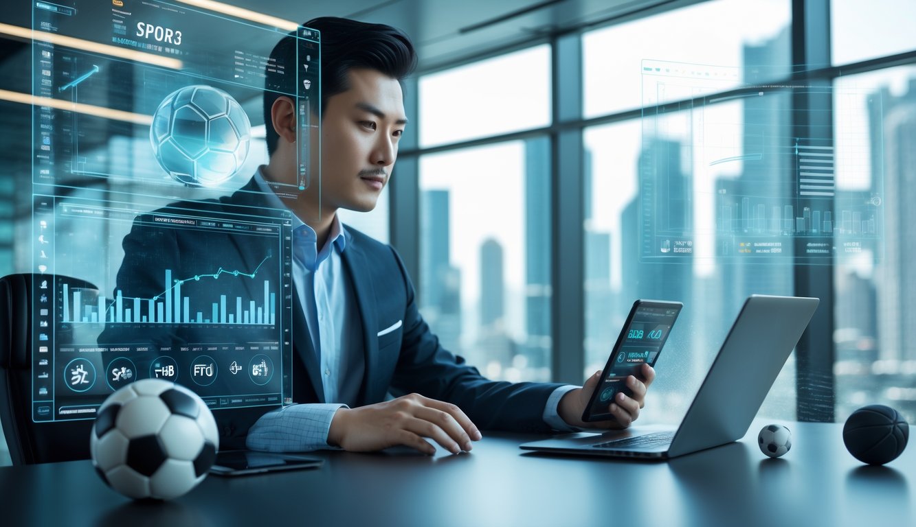 Seorang pria Asia di kantor modern sedang menganalisis data digital terkait taruhan olahraga dengan latar belakang pemandangan kota.