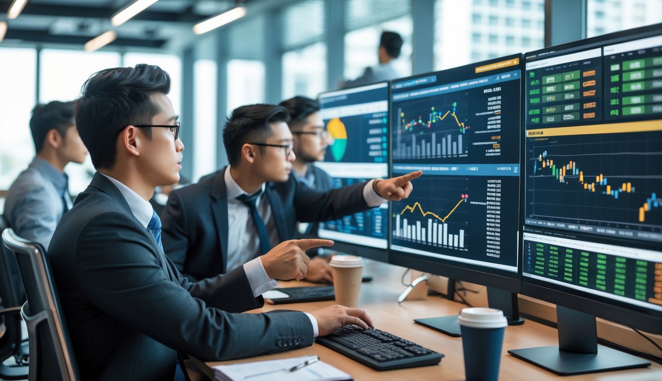 Sekelompok orang sedang menganalisis data taruhan olahraga di kantor modern dengan layar komputer besar.