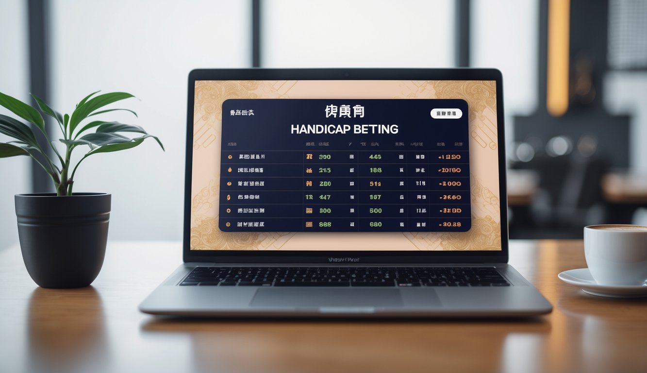 Seseorang menggunakan perangkat digital untuk memasang taruhan handicap dengan odds tinggi, di meja kerja minimalis dengan elemen budaya Asia di latar belakang.