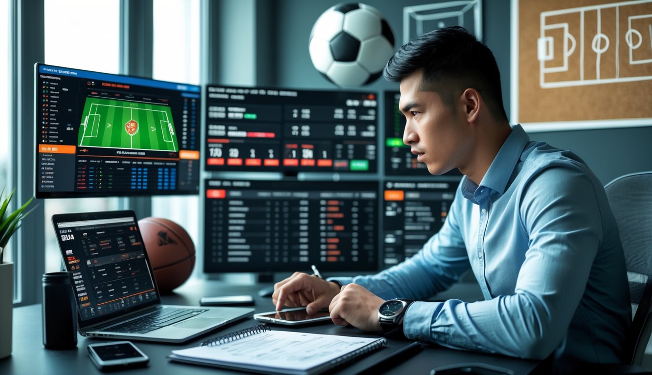 Seorang pria muda sedang menganalisis statistik pertandingan sepak bola dan peluang taruhan handicap Asia di depan beberapa layar komputer di sebuah kantor modern.
