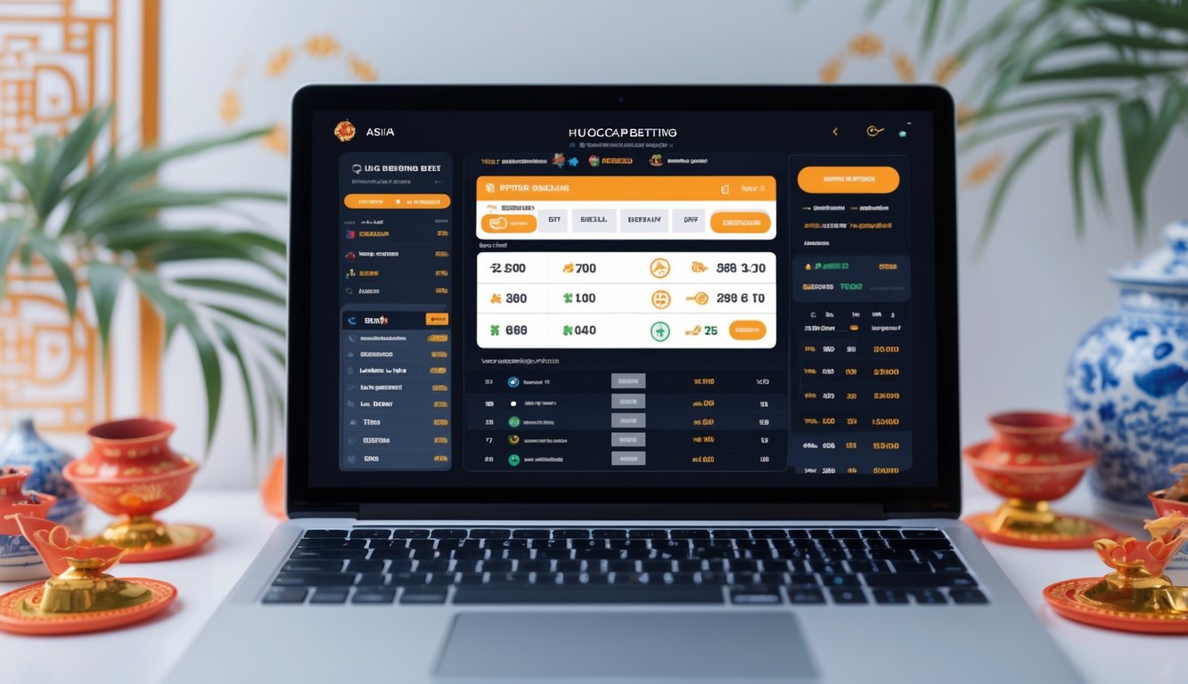 Seseorang menggunakan laptop dengan layar menampilkan antarmuka taruhan online, dikelilingi oleh elemen budaya Asia.