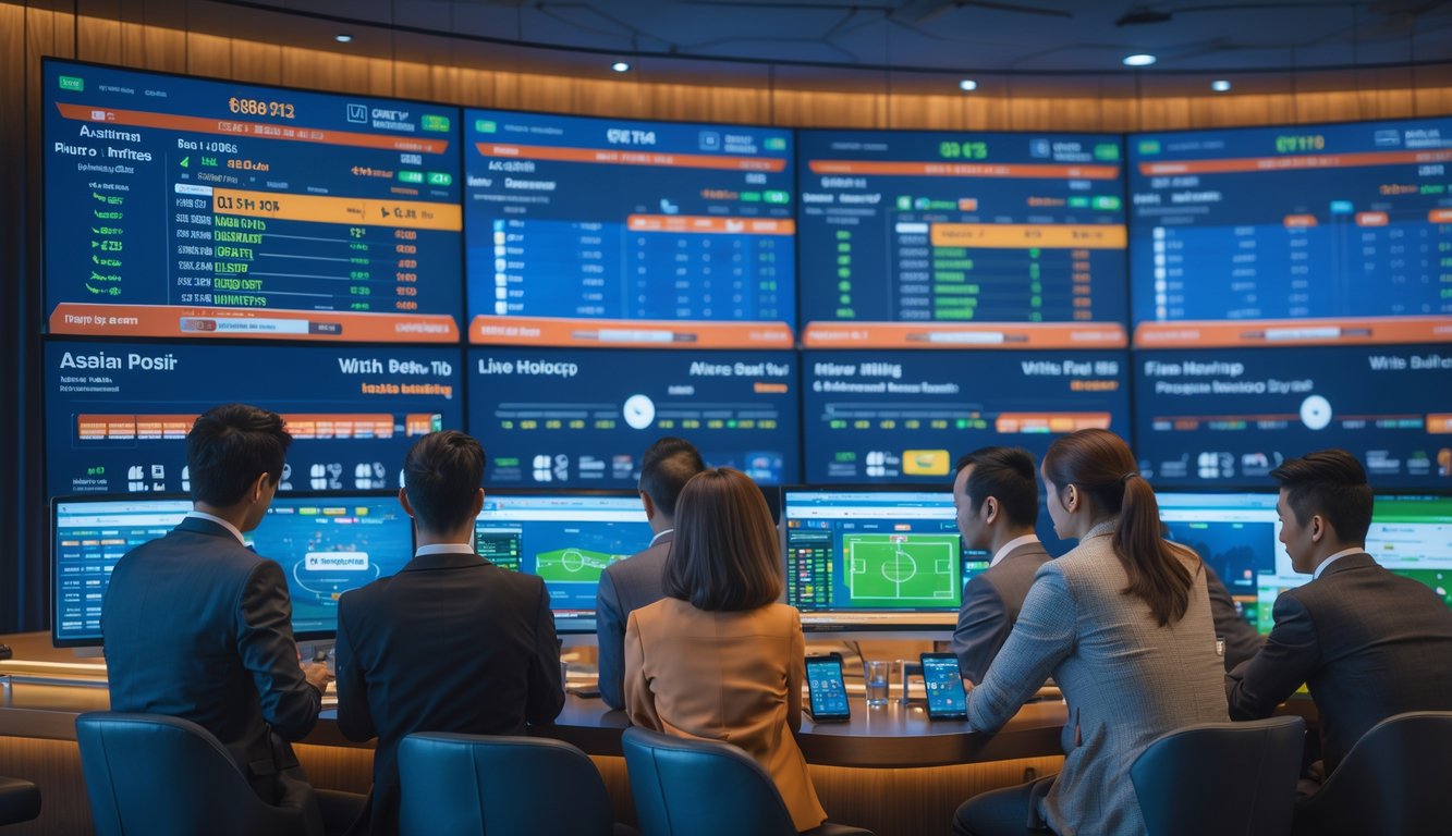 Sekelompok orang menonton pertandingan sepak bola secara langsung dan memasang taruhan handicap Asia di sebuah ruang taruhan olahraga modern.