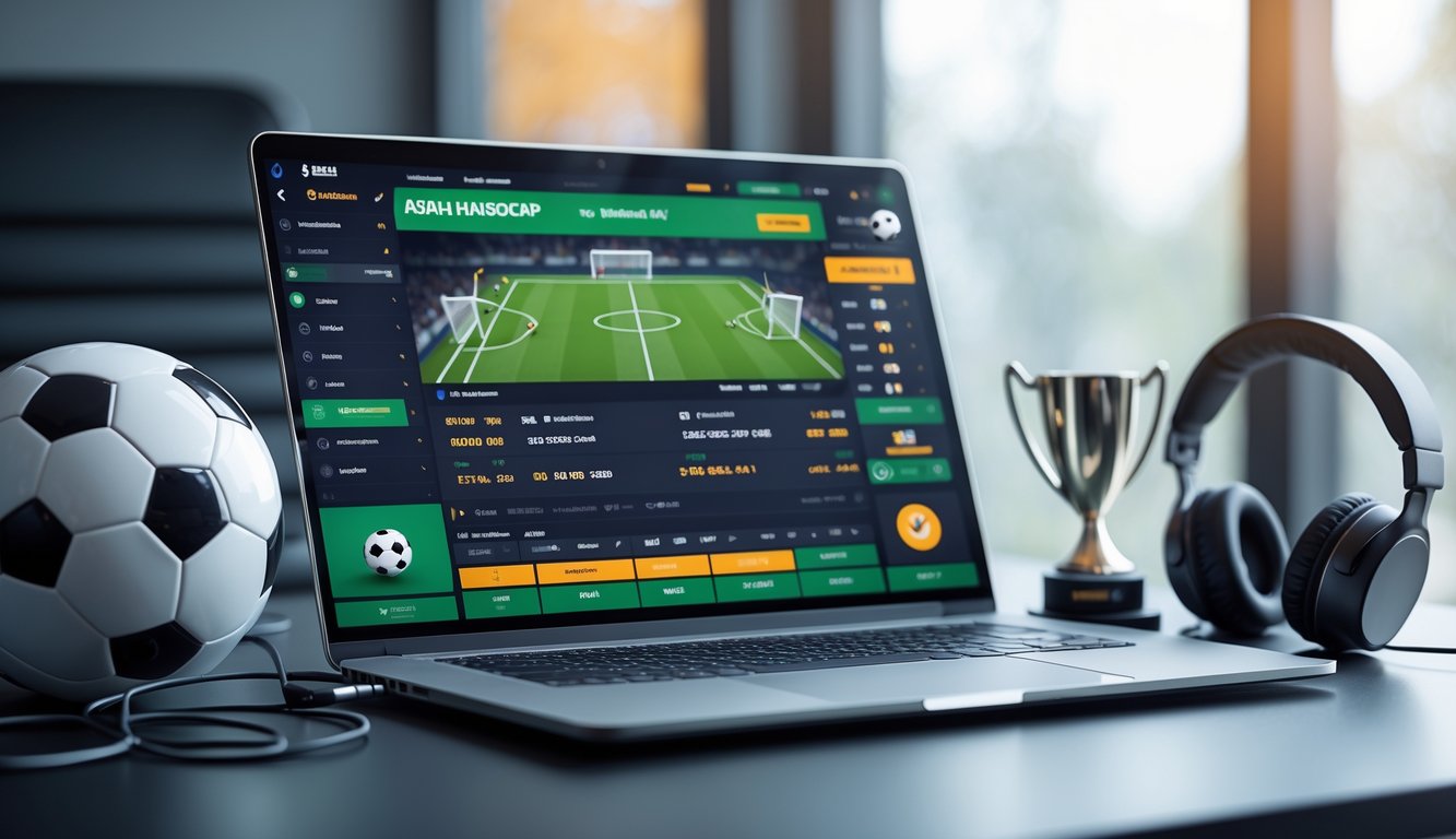 Seorang pengguna melihat layar laptop yang menampilkan statistik dan peluang taruhan sepak bola online dengan tema handicap Asia.