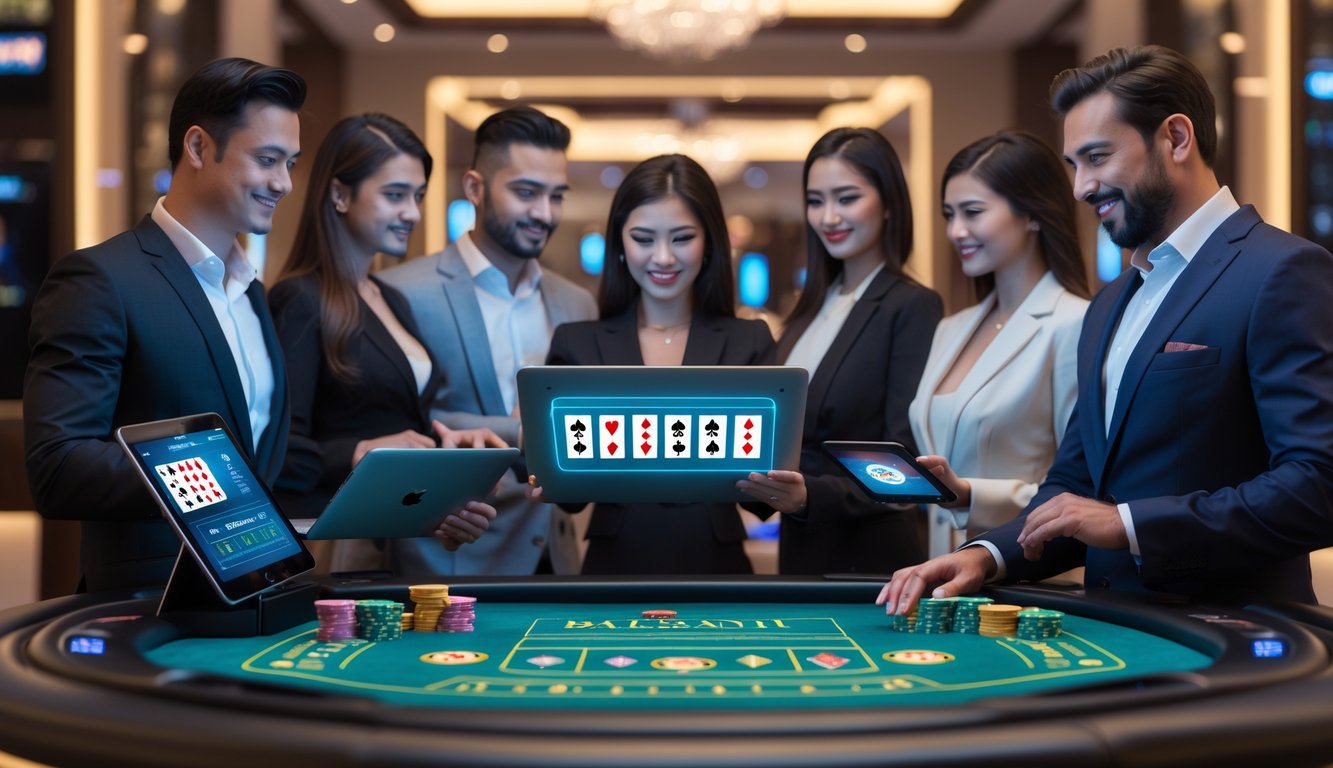 Orang-orang berpakaian rapi sedang bermain baccarat online di meja digital dalam suasana kasino modern.