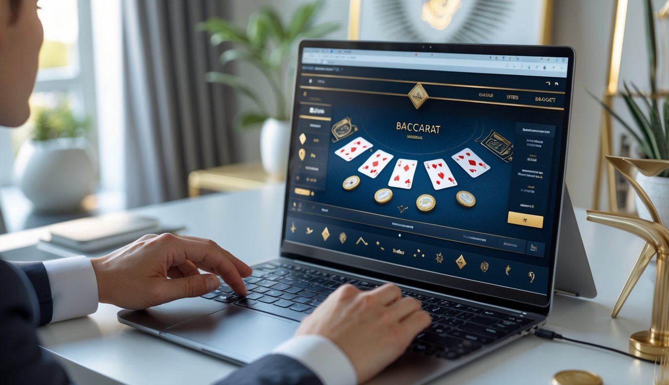 Seseorang bermain permainan baccarat online di depan komputer di ruang yang rapi dan terang.