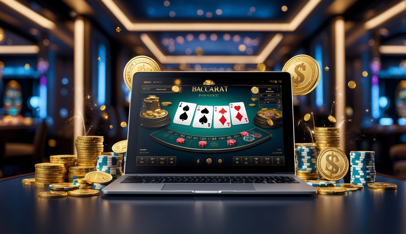 Seorang pemain sedang menggunakan komputer dengan permainan baccarat online dan tumpukan chip kasino di sekitarnya.