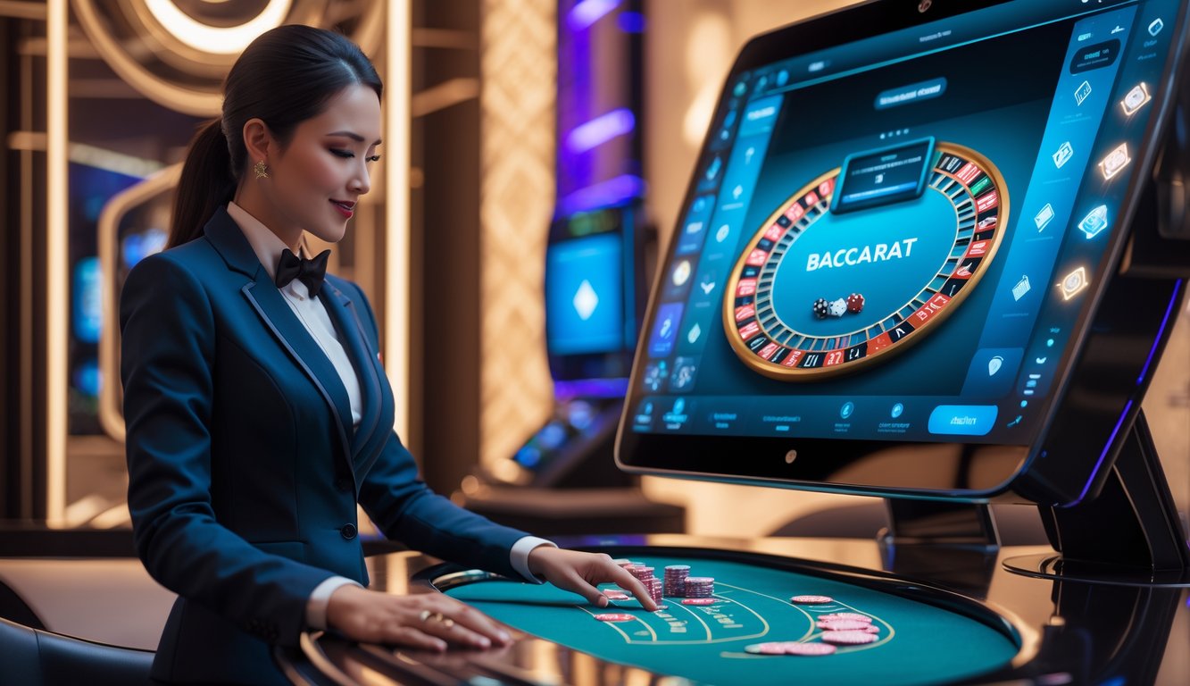 Seorang dealer profesional berdiri di depan layar besar yang menampilkan permainan baccarat online dengan kartu dan chip virtual dalam suasana kasino modern.