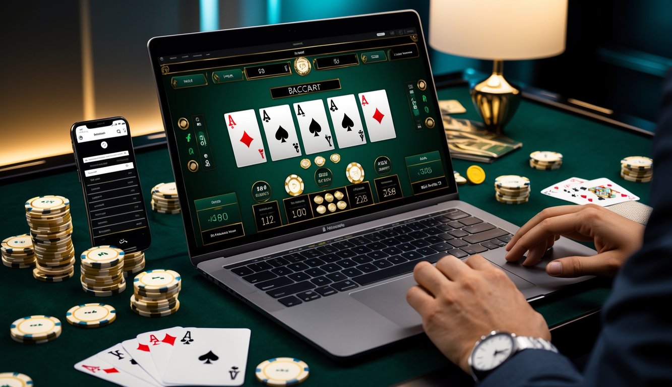 Seorang pemain sedang bermain baccarat online di laptop dengan kartu dan chip di meja, di ruang kerja yang nyaman.