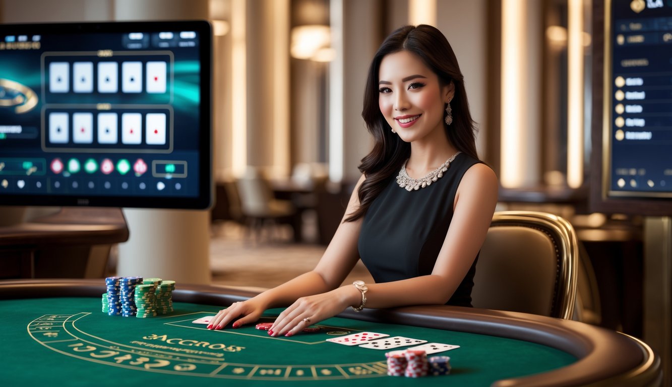 Seorang dealer wanita duduk di meja baccarat dengan kartu dan chip, di lingkungan kasino yang mewah.