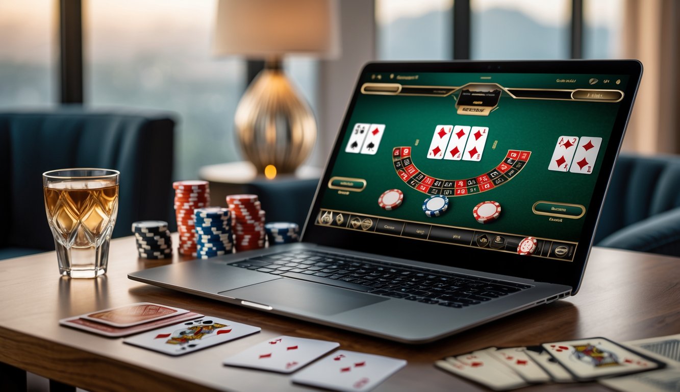 Seorang pemain sedang bermain baccarat online dengan laptop dan perlengkapan permainan di atas meja kayu.