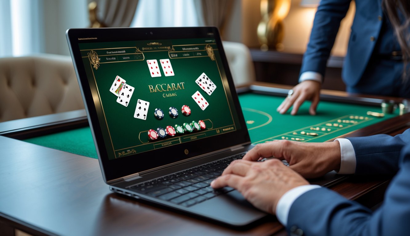 Seorang pria menggunakan komputer dengan tampilan permainan baccarat online di meja kayu yang rapi.