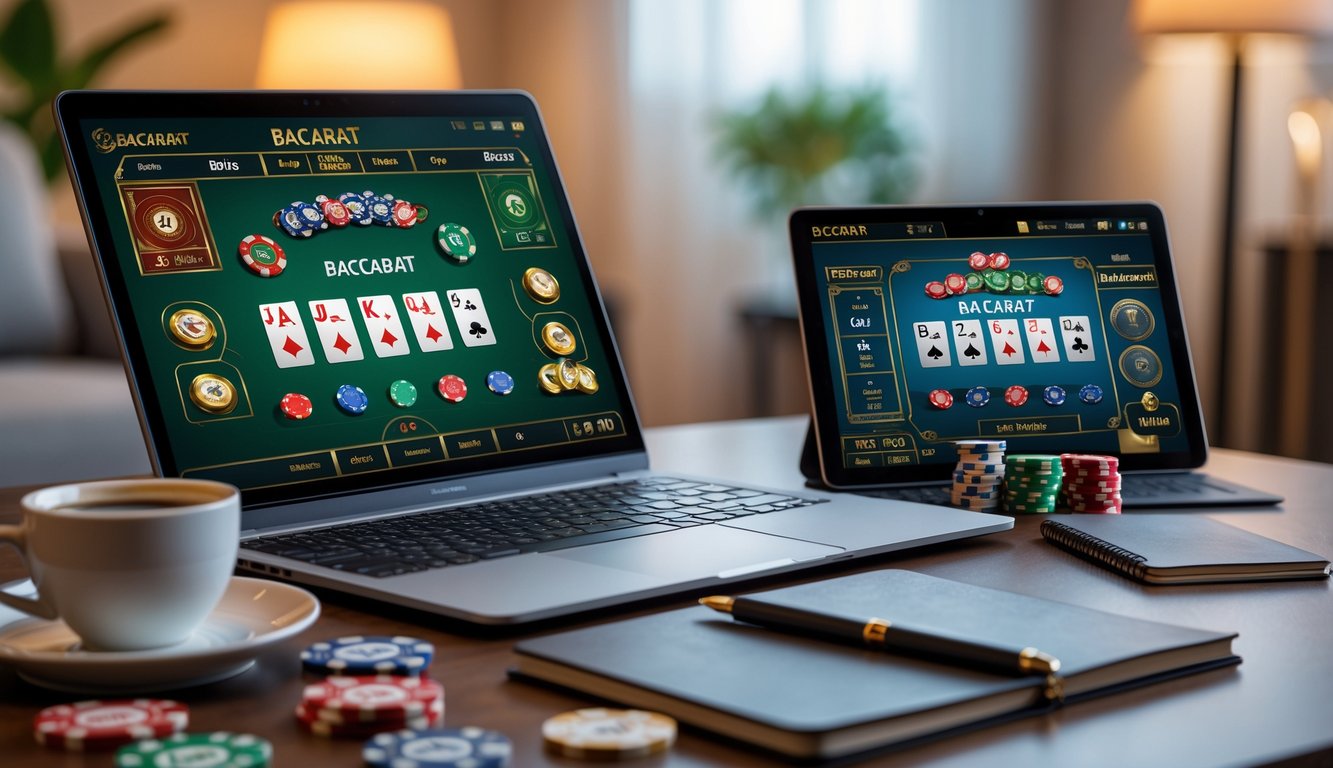 Seorang pemain menggunakan laptop dan ponsel untuk bermain baccarat online di meja dengan chip poker dan secangkir kopi.