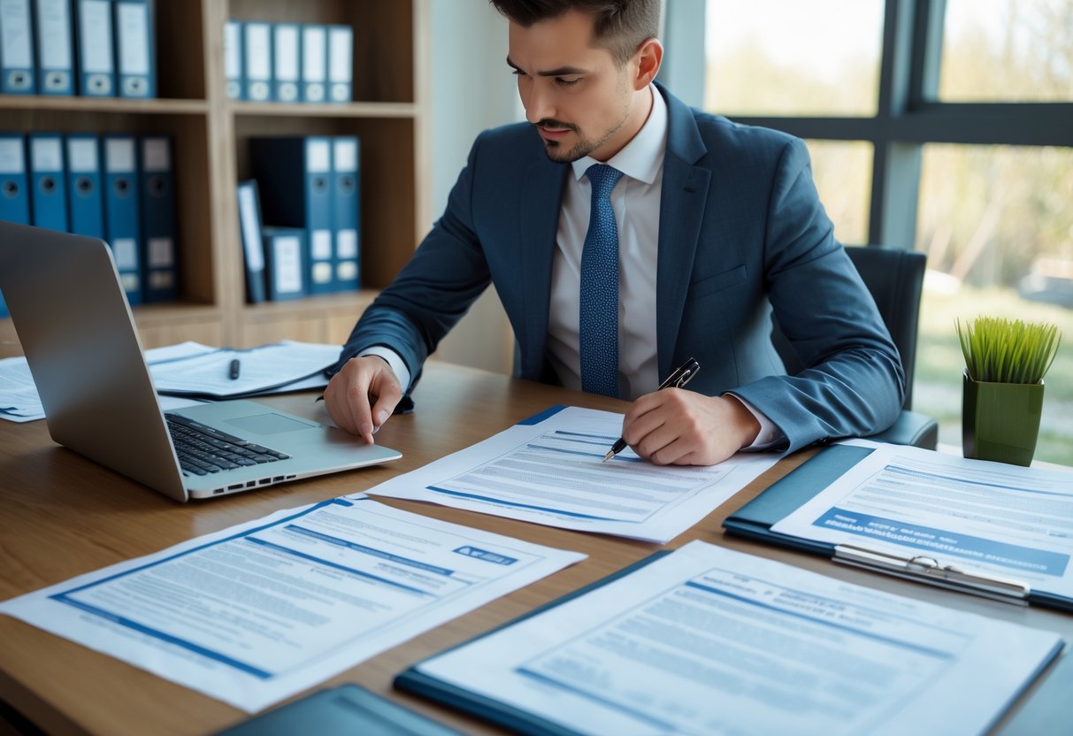 Personne examinant attentivement des documents officiels à un bureau dans un environnement de travail professionnel.