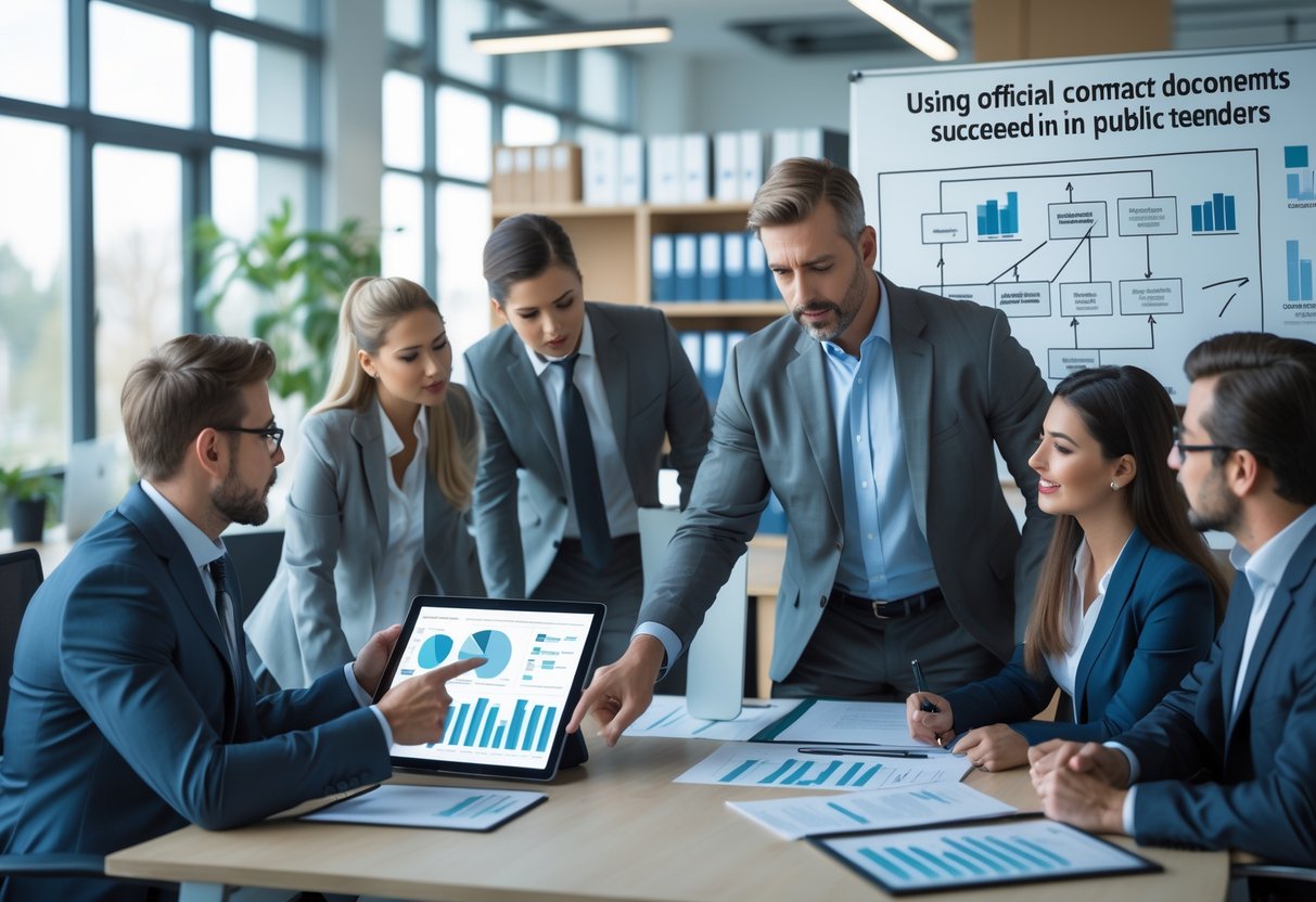 Des professionnels en réunion dans un bureau moderne, travaillant ensemble sur des documents techniques liés aux appels d’offres publics.