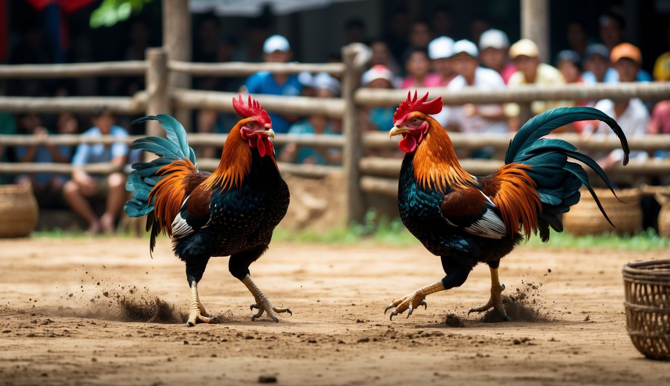 Dua ayam jantan sedang bertarung dalam arena dengan penonton di latar belakang.
