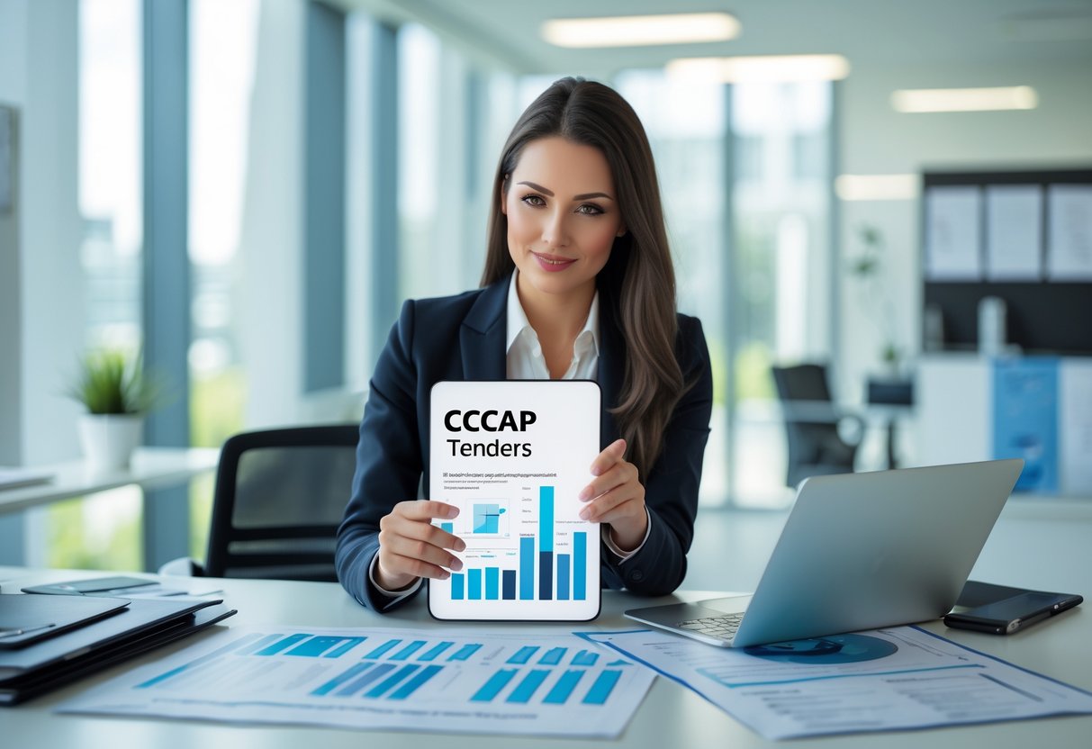 Une femme d'affaires examinant des documents dans un bureau moderne, concentrée sur une tablette avec des contrats et des graphiques.