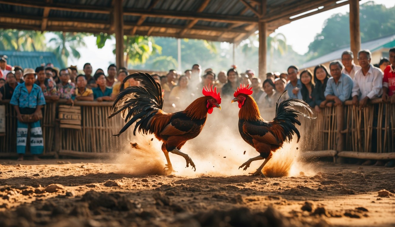 Suasana pertandingan sabung ayam tradisional dengan dua ayam jago bertarung di arena dan penonton yang antusias menyaksikan.