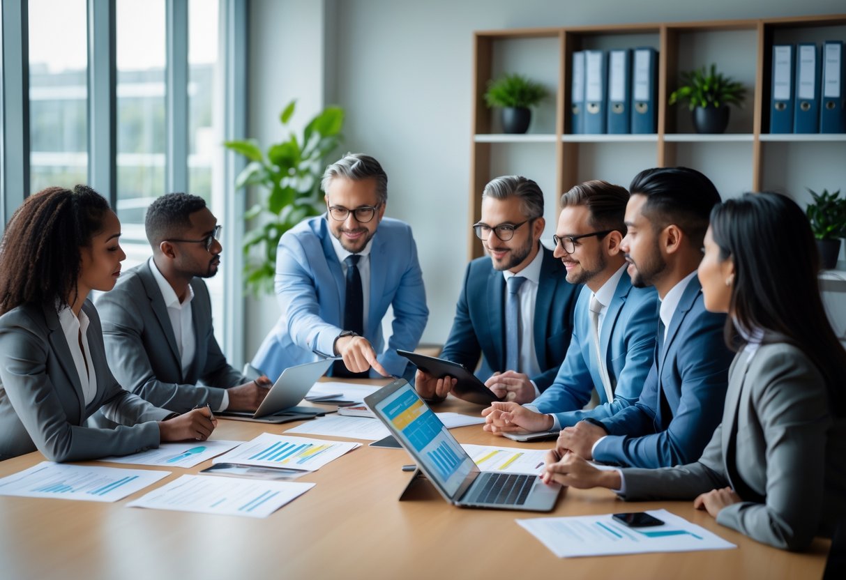 Des professionnels en réunion dans une salle de conférence moderne, discutant autour d'une table avec des documents et des appareils électroniques.