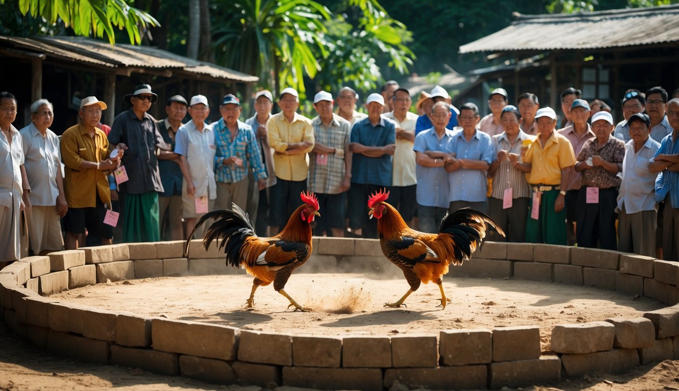 Dua ayam jago sedang bertarung di arena tanah dikelilingi oleh kerumunan orang yang menonton dengan antusias di lingkungan pedesaan.