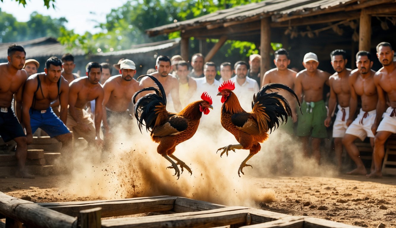 Dua ayam jago bertarung di arena kayu dengan penonton yang memperhatikan di sekelilingnya.