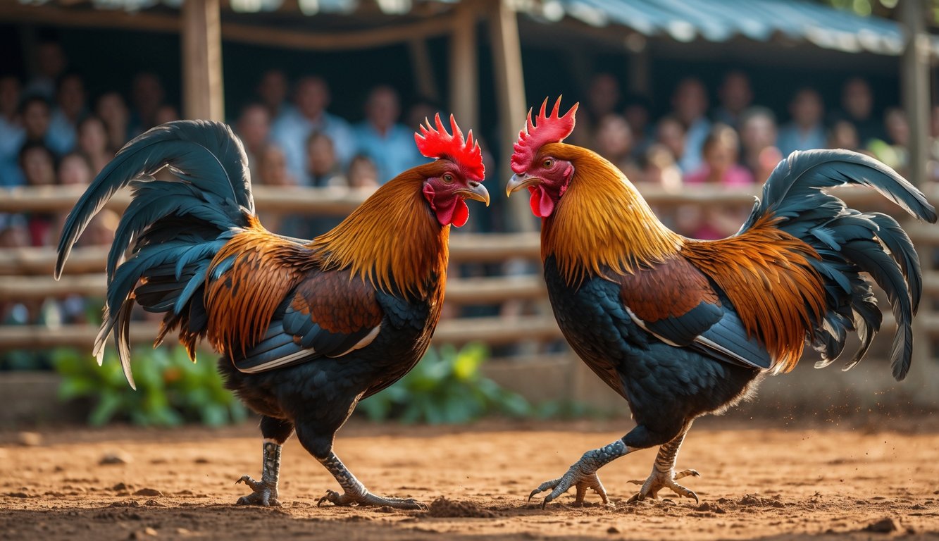 Dua ayam jantan sedang bertarung di arena sabung ayam dengan penonton di latar belakang.