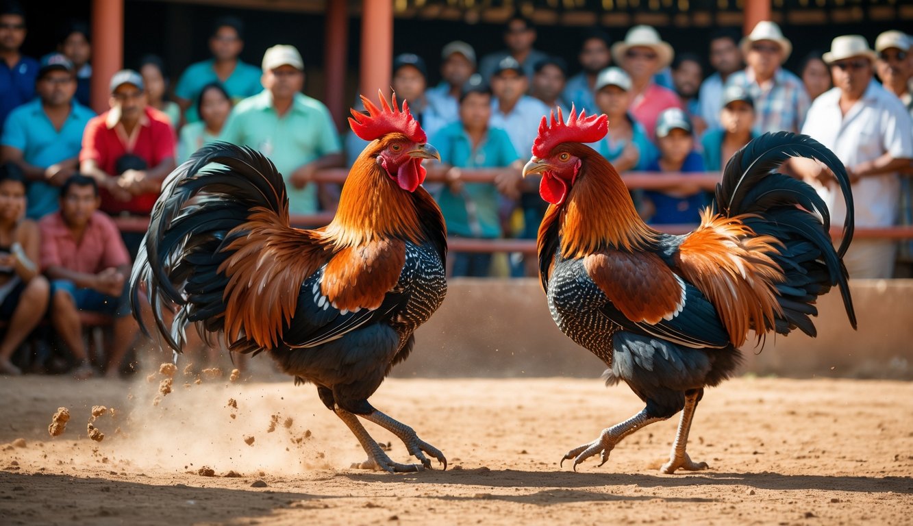 Dua ayam jago sedang bertarung di arena terbuka dengan penonton yang memperhatikan dengan antusias.