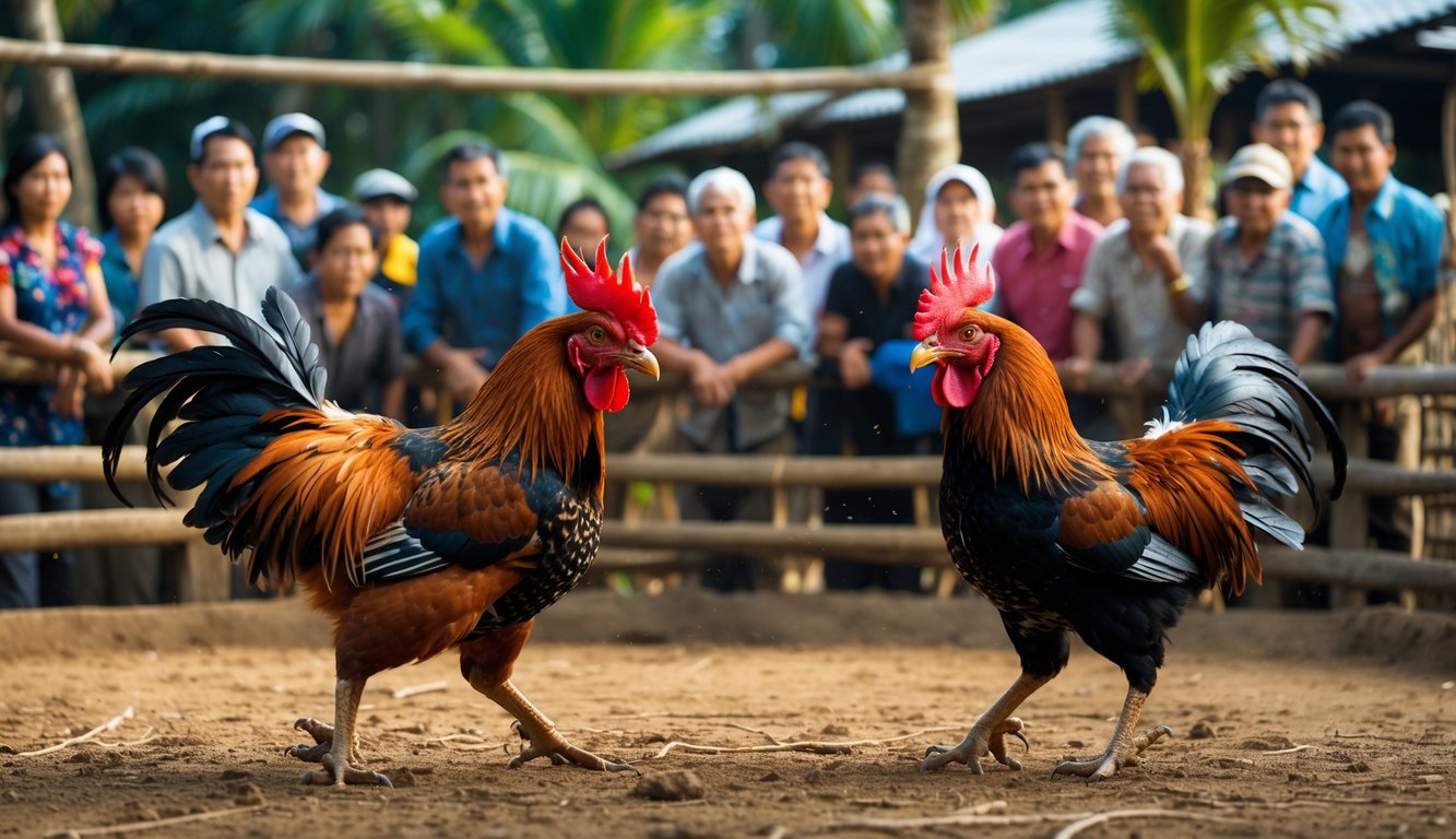 Dua ayam jantan sedang bertarung di arena dengan penonton yang memperhatikan di latar belakang.