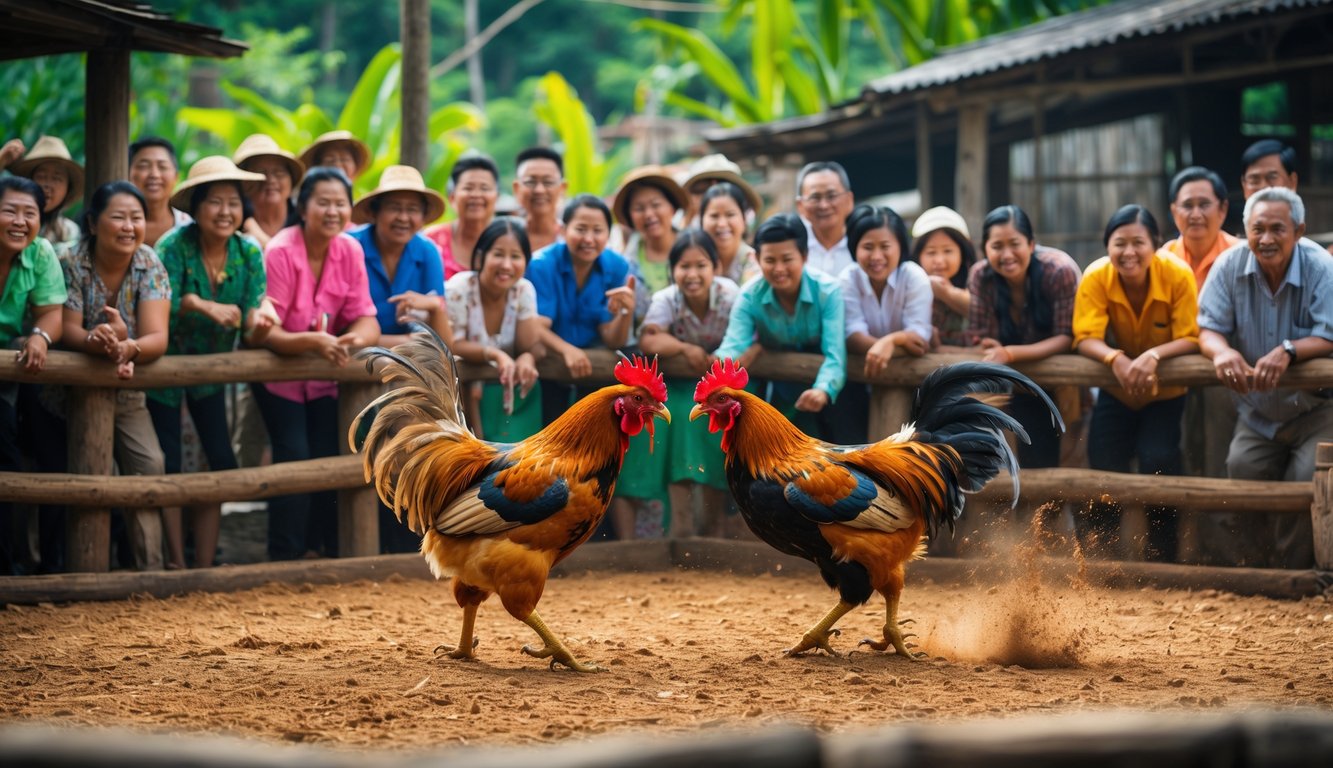 Dua ayam aduan sedang bertarung di arena kayu dengan penonton yang antusias di sekitarnya di lingkungan pedesaan.