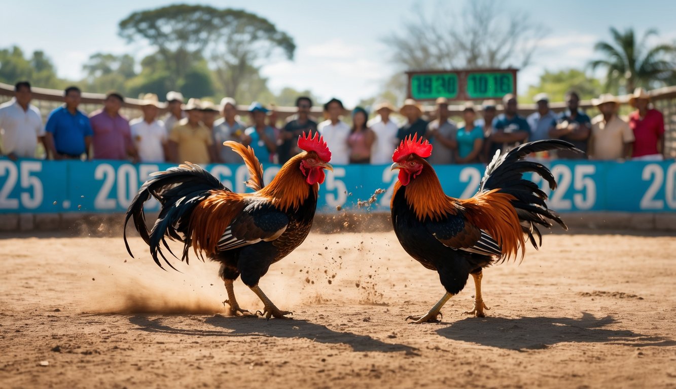 Suasana arena sabung ayam dengan dua ayam beradu dan penonton yang antusias di luar ruangan.