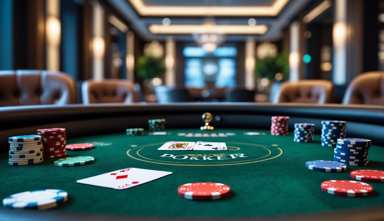 Ruangan poker modern dengan meja poker hijau, chip dan kartu tertata rapi, kursi kulit, dan pencahayaan hangat.