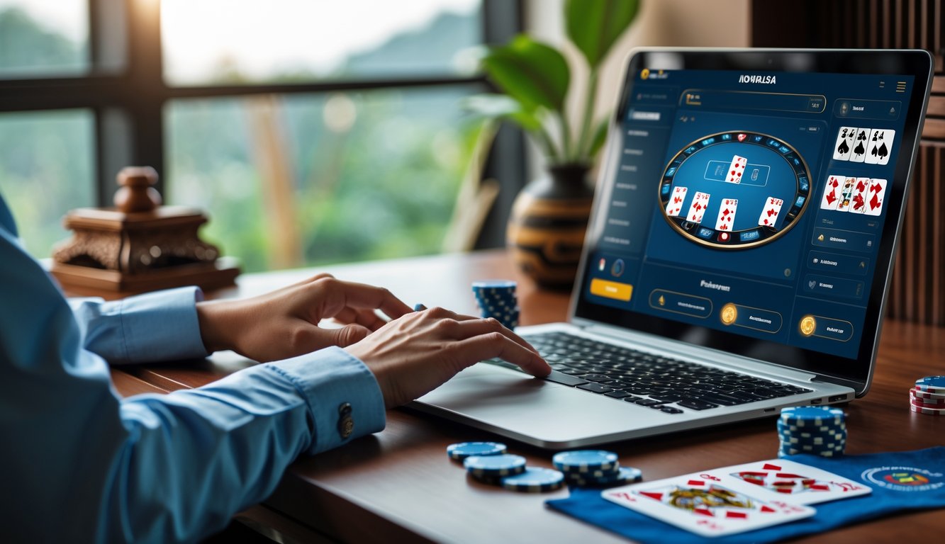 Seseorang bermain poker online di depan laptop dengan suasana ruang kerja yang rapi dan elemen budaya Indonesia di sekitar.