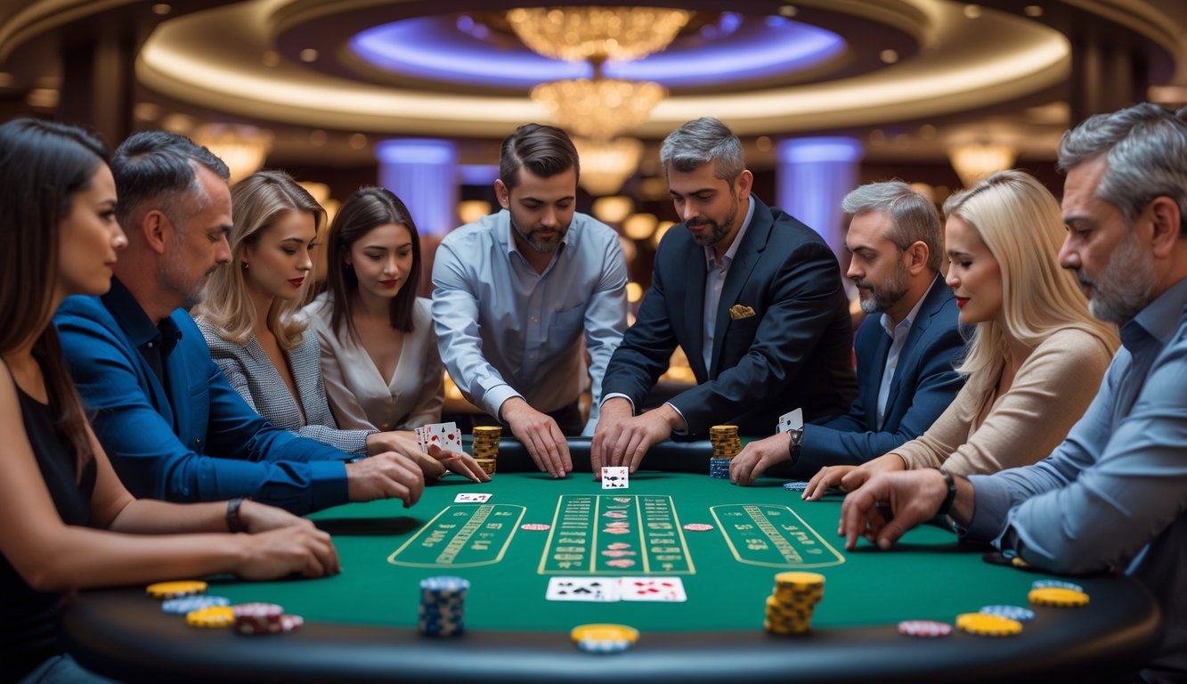 Meja poker dengan pemain yang sedang bermain kartu di dalam kasino.