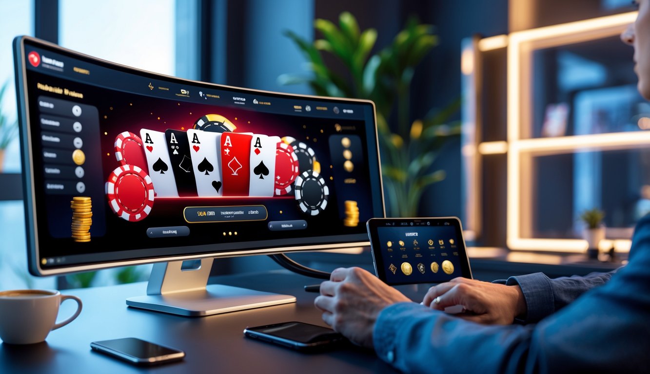 Seorang pemain poker online menggunakan layar sentuh di meja dengan kartu dan chip poker, di ruangan kantor modern dengan pencahayaan ambient.