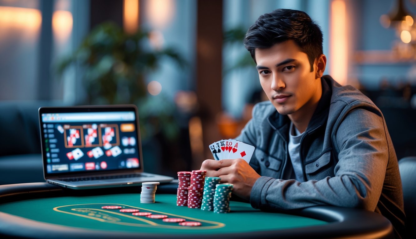 Seorang dewasa muda duduk di meja poker modern dengan kartu dan tumpukan chip, fokus bermain poker online terpercaya.