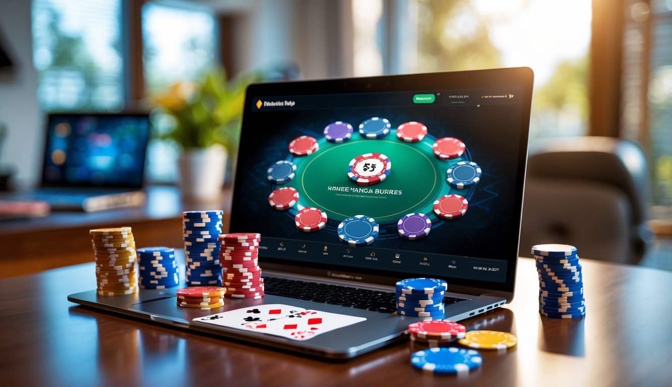 Meja poker dengan laptop menampilkan permainan poker online, chip poker berwarna-warni, dan kartu remi di atas meja kayu dengan latar belakang kantor rumah modern.