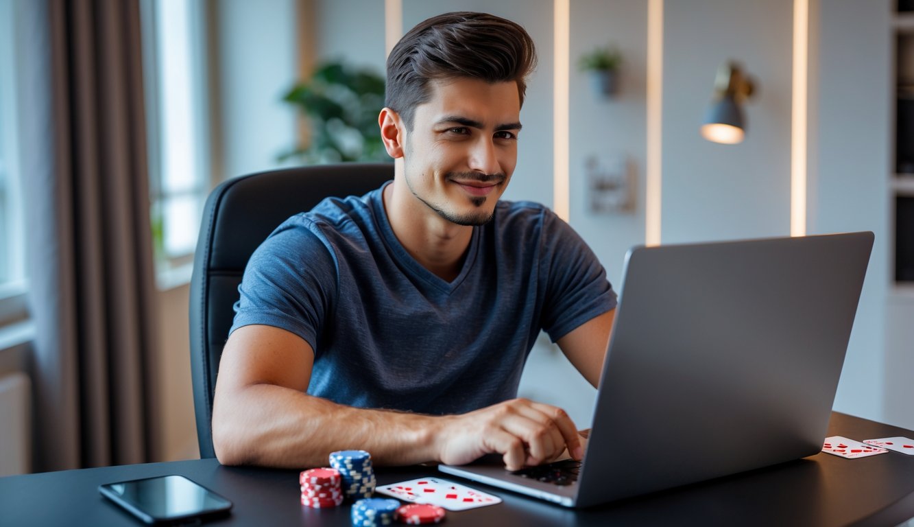 Seorang pria muda duduk di meja dengan laptop, bermain poker online dengan chip dan kartu poker di sekitarnya.