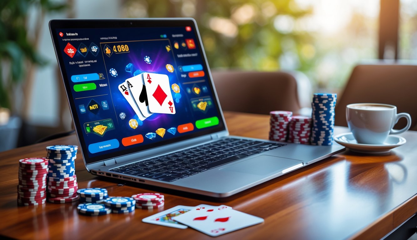 Seorang pemain poker online menggunakan laptop dengan tumpukan chip poker dan kartu di meja kayu yang rapi.