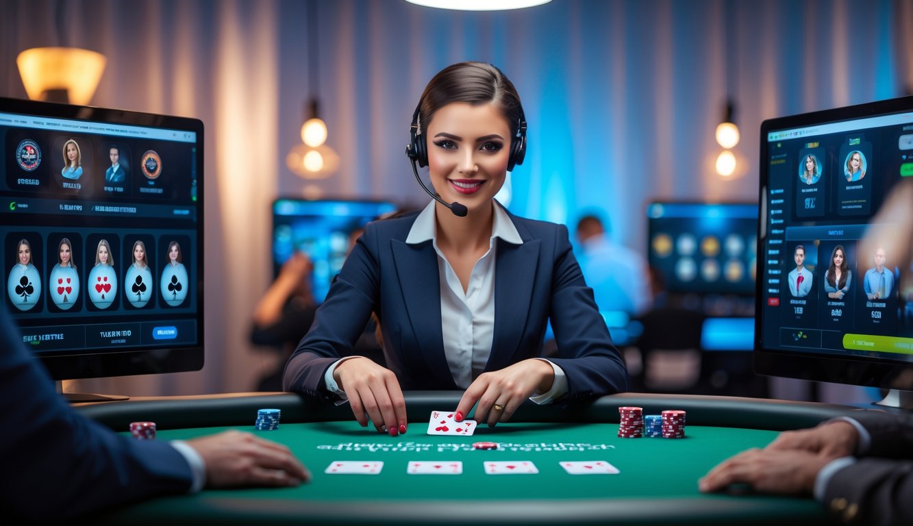 Seorang dealer poker profesional sedang membagikan kartu di meja poker dengan latar studio modern dan beberapa layar komputer yang menampilkan permainan poker online.