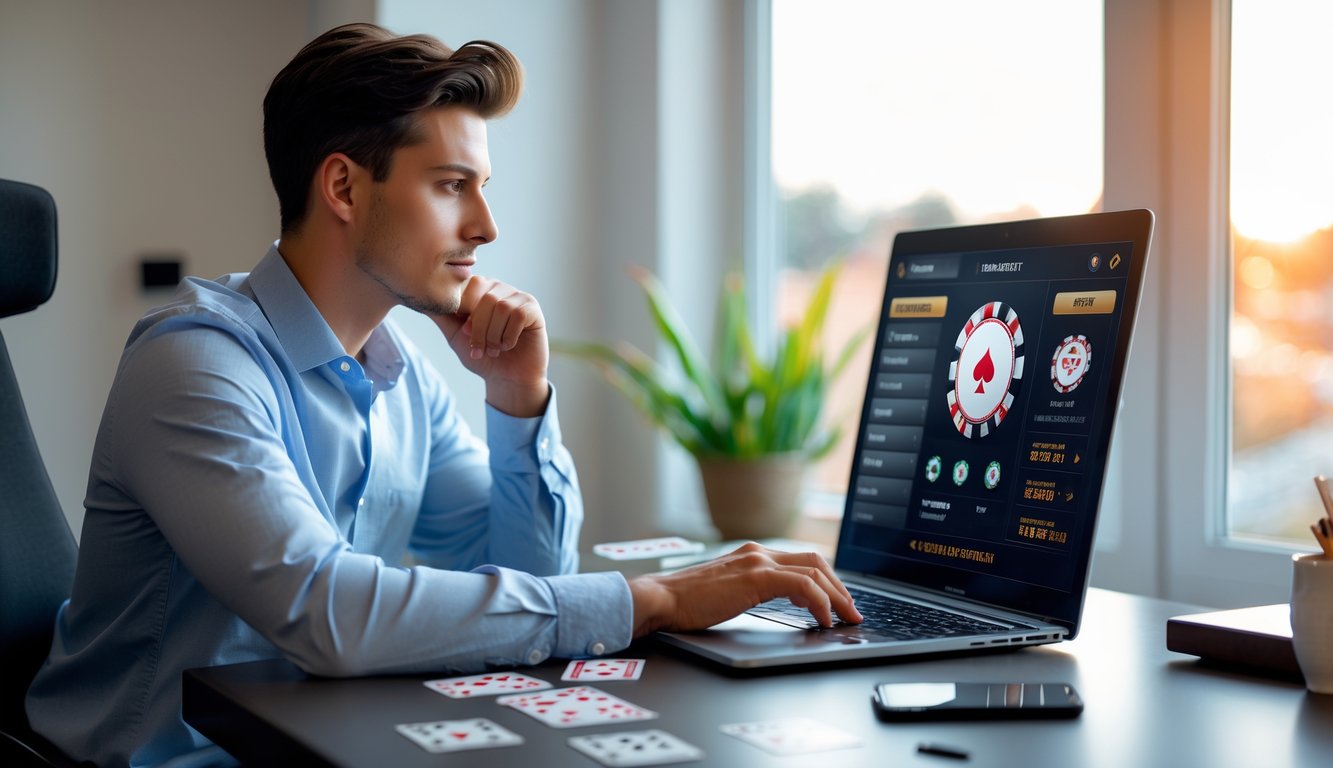 Seseorang duduk di meja modern dengan laptop, fokus bermain poker online di ruang kerja yang rapi dan terang.