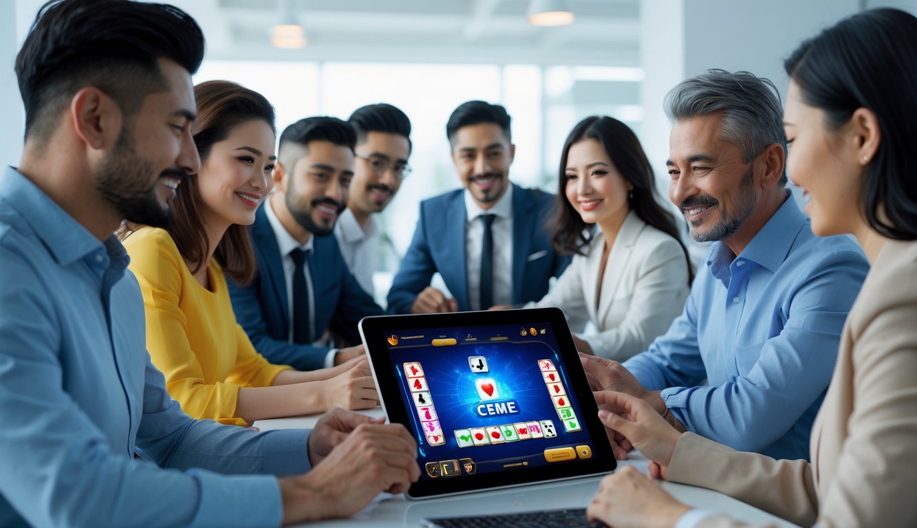 Sekelompok orang dewasa bermain permainan Ceme secara online menggunakan tablet di ruangan modern dan terang.