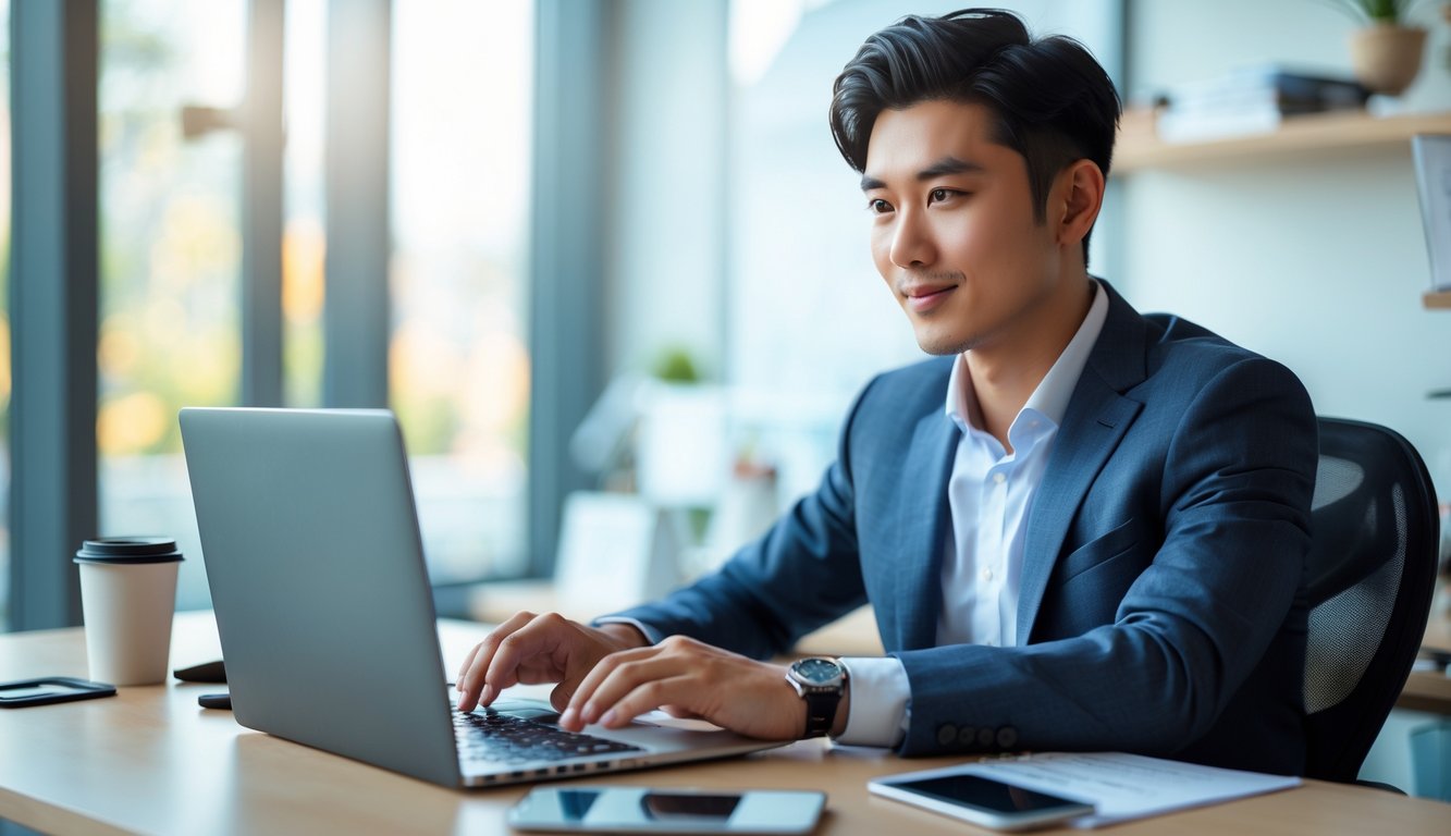 Seorang pria muda duduk di meja kerja dengan laptop di kantor yang terang dan rapi.