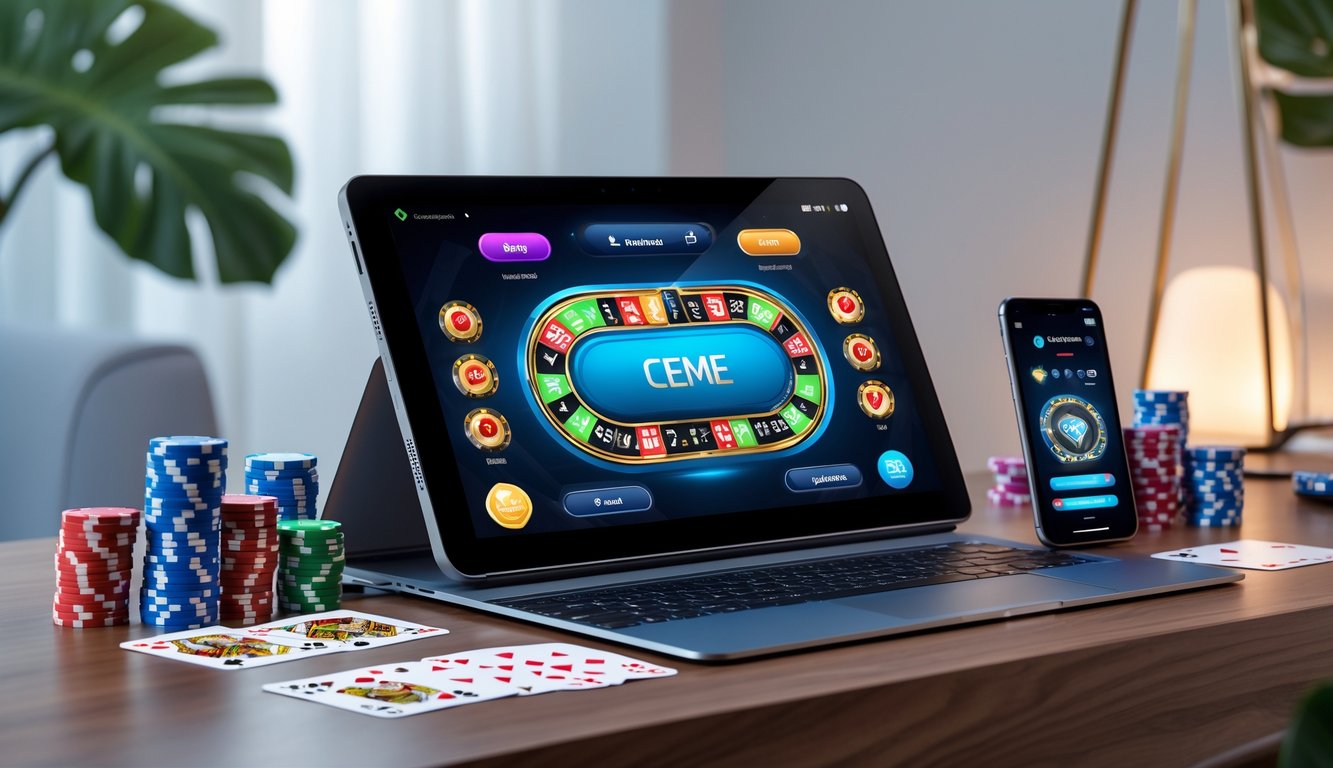 Sebuah laptop dan smartphone dengan tampilan permainan kartu Ceme, dikelilingi chip poker di atas meja kayu yang rapi.